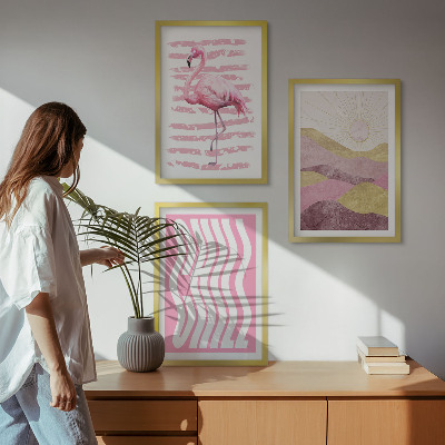 Lot de 3 tableaux pour salon Paysage pastel de flamants roses