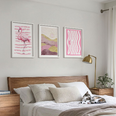 Lot de 3 tableaux pour salon Paysage pastel de flamants roses