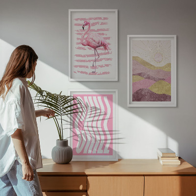 Lot de 3 tableaux pour salon Paysage pastel de flamants roses