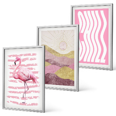 Lot de 3 tableaux pour salon Paysage pastel de flamants roses