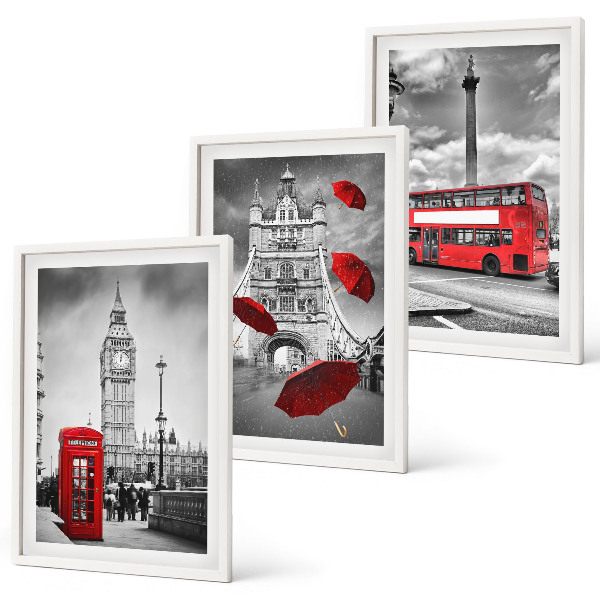 Cadre photo mural Cabine avec parapluie rouge et bus londonien