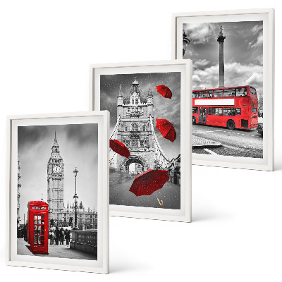 Cadre photo mural Cabine avec parapluie rouge et bus londonien