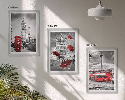 Cadre photo mural Cabine avec parapluie rouge et bus londonien