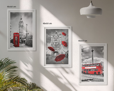 Cadre photo mural Cabine avec parapluie rouge et bus londonien