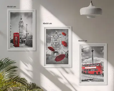 Cadre photo mural représentant une cabine téléphonique avec un parapluie rouge et un bus londonien