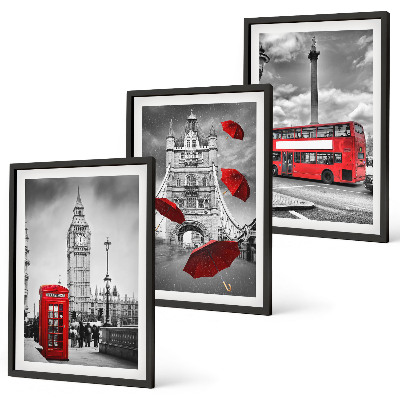 Cadre photo mural Cabine avec parapluie rouge et bus londonien
