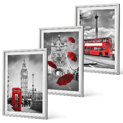 Cadre photo mural Cabine avec parapluie rouge et bus londonien