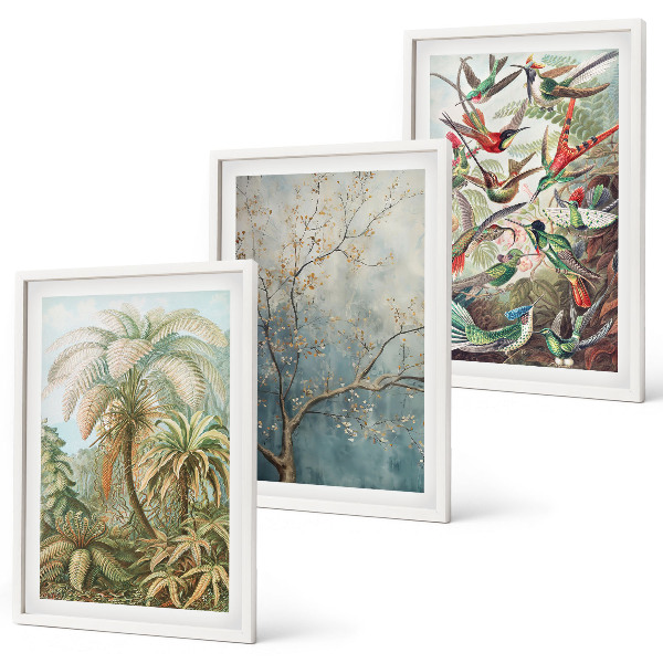 Lot de 3 tableaux pour salon Plantes tropicales, oiseaux, nature