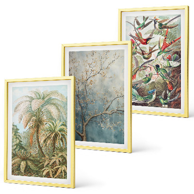 Lot de 3 tableaux pour salon Plantes tropicales, oiseaux, nature