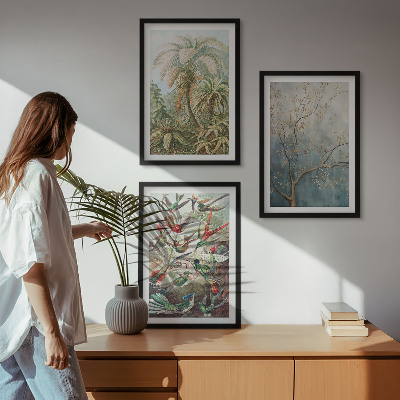 Lot de 3 tableaux pour salon Plantes tropicales, oiseaux, nature