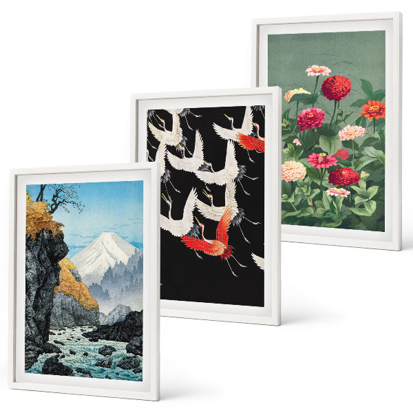 Cadre photo mural Montagnes cascade oiseaux fleurs