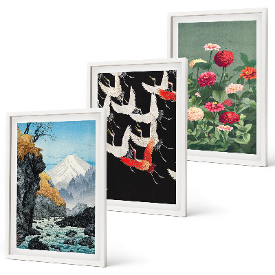 Cadre photo mural Montagnes cascade oiseaux fleurs