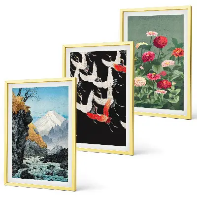 Cadre photo mural représentant des montagnes, une cascade, des oiseaux et des fleurs