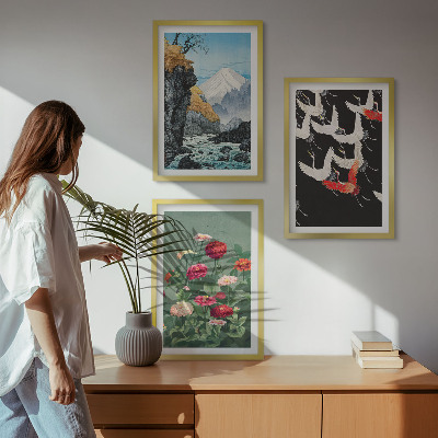 Cadre photo mural Montagnes cascade oiseaux fleurs