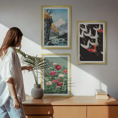 Cadre photo mural représentant des montagnes, une cascade, des oiseaux et des fleurs