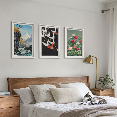 Cadre photo mural Montagnes cascade oiseaux fleurs