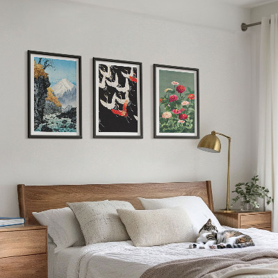 Cadre photo mural Montagnes cascade oiseaux fleurs