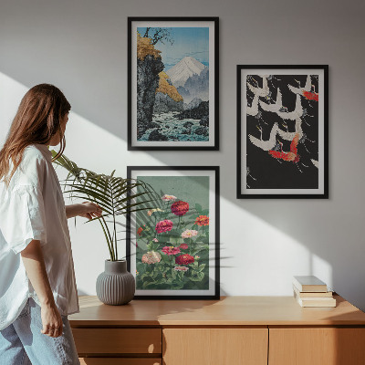 Cadre photo mural Montagnes cascade oiseaux fleurs