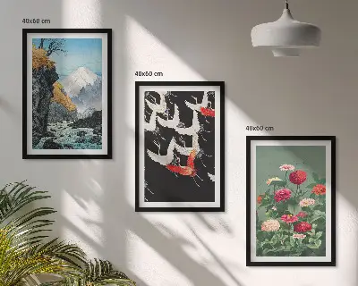 Cadre photo mural représentant des montagnes, une cascade, des oiseaux et des fleurs