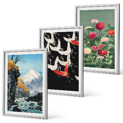 Cadre photo mural Montagnes cascade oiseaux fleurs