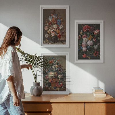 Lot de 3 tableaux pour salon Compositions de fleurs en vase
