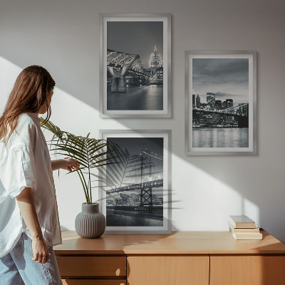Lot de 3 tableaux pour salon Ponts, architecture urbaine, gris