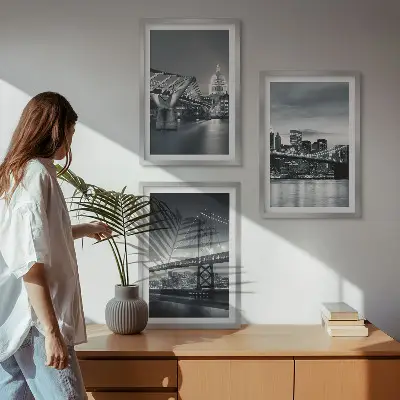 Lot de 3 tableaux pour salon représentant des ponts et de l'architecture urbaine en gris