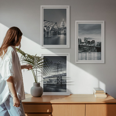 Lot de 3 tableaux pour salon Ponts, architecture urbaine, gris