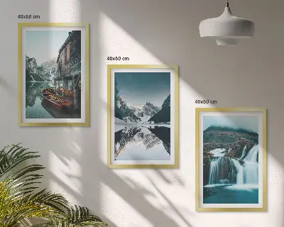 Lot de 3 tableaux pour salon paysages de montagne avec lac en cascade