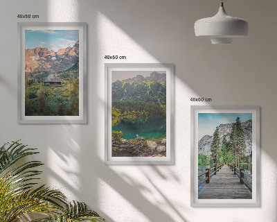 Lot de 3 tableaux pour salon Pont sur un lac au paysage montagneux
