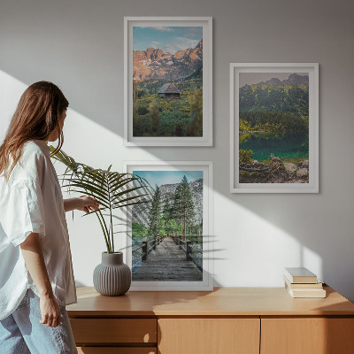 Lot de 3 tableaux pour salon Pont sur un lac au paysage montagneux