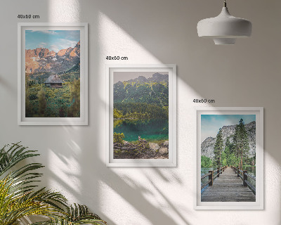 Lot de 3 tableaux pour salon Pont sur un lac au paysage montagneux