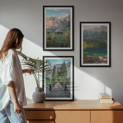 Lot de 3 tableaux pour salon Pont sur un lac au paysage montagneux