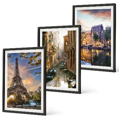 Lot de 3 tableaux pour salon représentant la tour Eiffel, Venise et les canaux d'Amsterdam