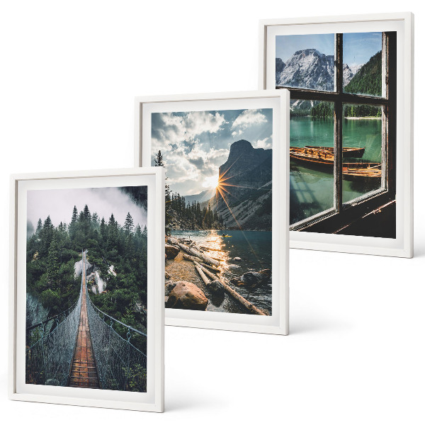 Lot de 3 tableaux pour salon Pont, forêt, lac, bateaux, montagnes