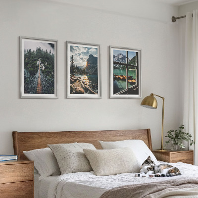 Lot de 3 tableaux pour salon Pont, forêt, lac, bateaux, montagnes