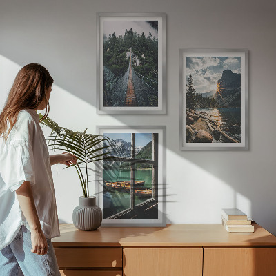 Lot de 3 tableaux pour salon Pont, forêt, lac, bateaux, montagnes
