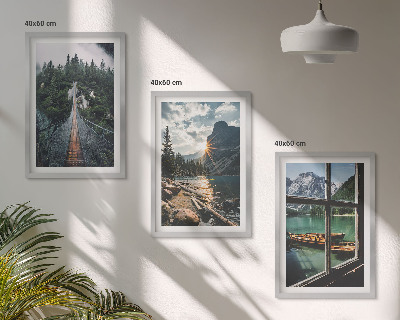 Lot de 3 tableaux pour salon Pont, forêt, lac, bateaux, montagnes