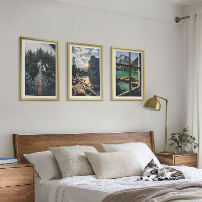 Lot de 3 tableaux pour salon Pont, forêt, lac, bateaux, montagnes