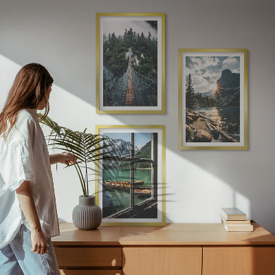 Lot de 3 tableaux pour salon Pont, forêt, lac, bateaux, montagnes
