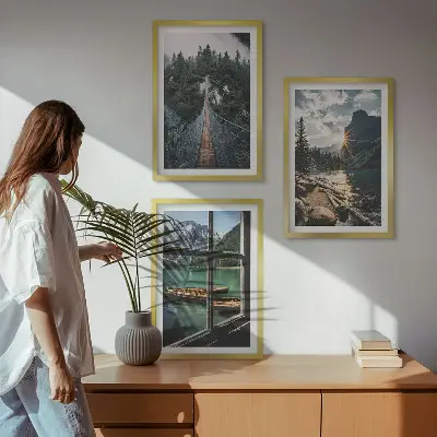 Lot de 3 tableaux pour salon représentant un pont, une forêt, un lac, des bateaux et des montagnes