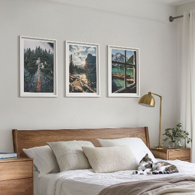 Lot de 3 tableaux pour salon Pont, forêt, lac, bateaux, montagnes