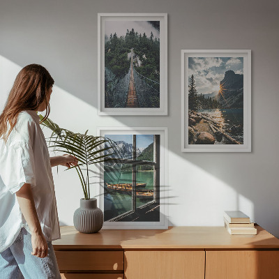 Lot de 3 tableaux pour salon Pont, forêt, lac, bateaux, montagnes