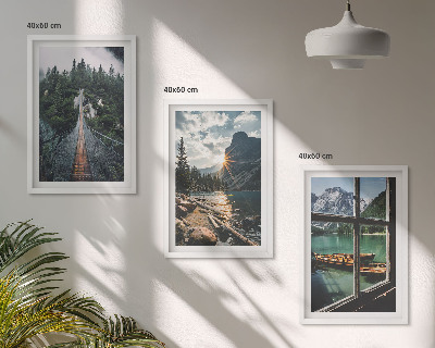 Lot de 3 tableaux pour salon Pont, forêt, lac, bateaux, montagnes