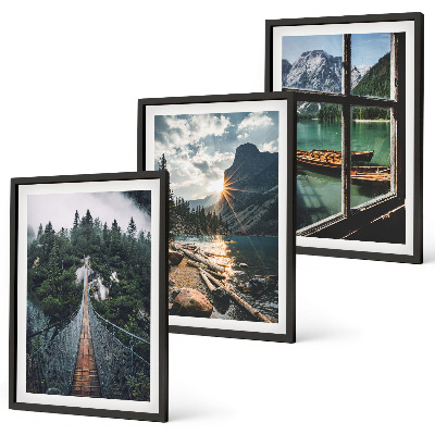 Lot de 3 tableaux pour salon Pont, forêt, lac, bateaux, montagnes