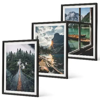 Lot de 3 tableaux pour salon représentant un pont, une forêt, un lac, des bateaux et des montagnes