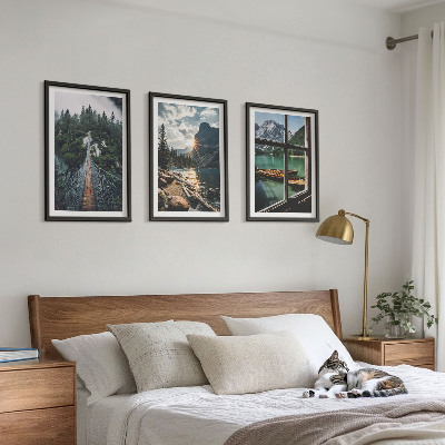 Lot de 3 tableaux pour salon Pont, forêt, lac, bateaux, montagnes