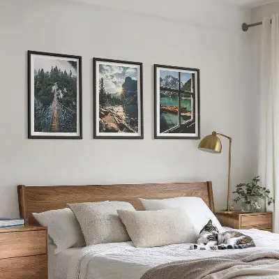 Lot de 3 tableaux pour salon représentant un pont, une forêt, un lac, des bateaux et des montagnes