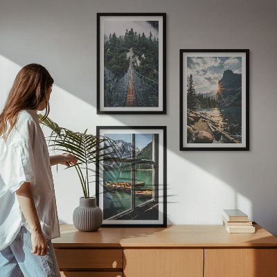 Lot de 3 tableaux pour salon Pont, forêt, lac, bateaux, montagnes