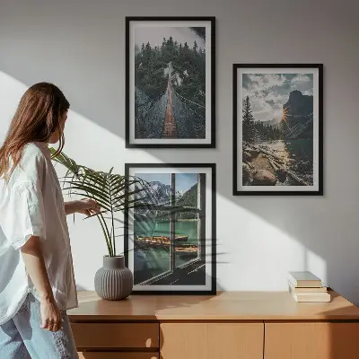 Lot de 3 tableaux pour salon représentant un pont, une forêt, un lac, des bateaux et des montagnes
